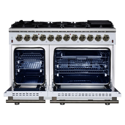 Forno Massimo 48 Inch Freestanding Dual Fuel Range in White with Antique Brass Accessories, 8 Burners, 6.58 cu. ft. Convection Oven FORNO