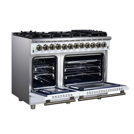 Forno Massimo 48 Inch Freestanding Dual Fuel Range in White with Antique Brass Accessories, 8 Burners, 6.58 cu. ft. Convection Oven FORNO