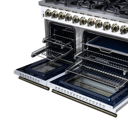 Forno Massimo 48 Inch Freestanding Dual Fuel Range in White with Antique Brass Accessories, 8 Burners, 6.58 cu. ft. Convection Oven FORNO