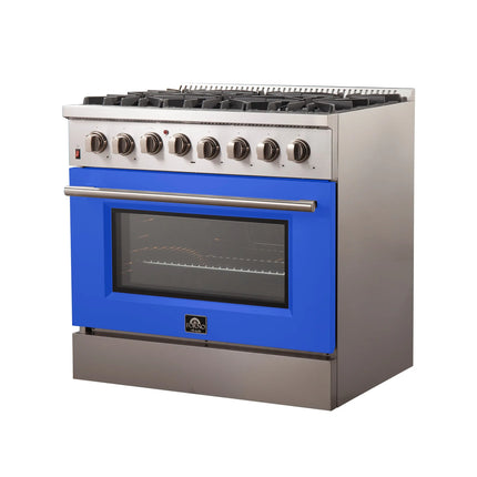 Forno Galiano 36-Inch Freestanding Dual Fuel Range, 6 Burners, Double Convection Ovens, Blue Door FORNO