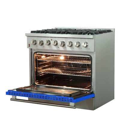 Forno Galiano 36-Inch Freestanding Dual Fuel Range, 6 Burners, Double Convection Ovens, Blue Door FORNO