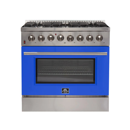 Forno Galiano 36-Inch Freestanding Dual Fuel Range, 6 Burners, Double Convection Ovens, Blue Door FORNO