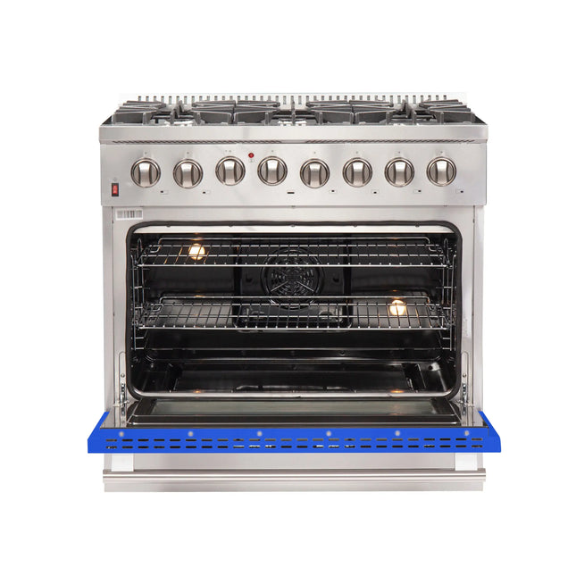 Forno Galiano 36-Inch Freestanding Dual Fuel Range, 6 Burners, Double Convection Ovens, Blue Door FORNO