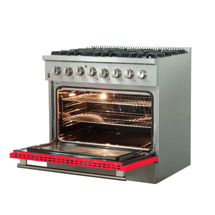Forno Galiano 36-Inch Freestanding Dual Fuel Range, 6 Burners, Double Convection Ovens, Red Door FORNO