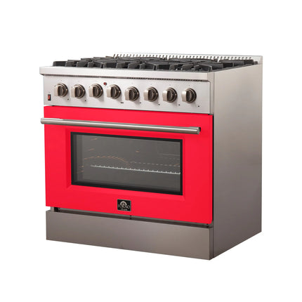 Forno Galiano 36-Inch Freestanding Dual Fuel Range, 6 Burners, Double Convection Ovens, Red Door FORNO