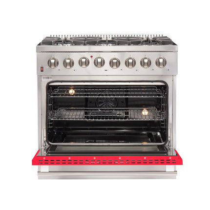 Forno Galiano 36-Inch Freestanding Dual Fuel Range, 6 Burners, Double Convection Ovens, Red Door FORNO