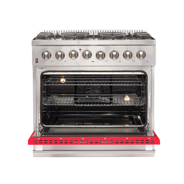 Forno Galiano 36-Inch Freestanding Dual Fuel Range, 6 Burners, Double Convection Ovens, Red Door FORNO