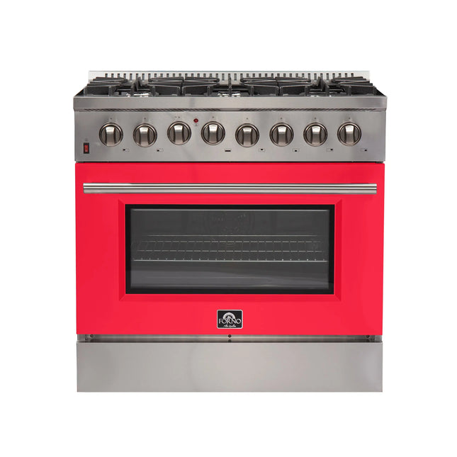 Forno Galiano 36-Inch Freestanding Dual Fuel Range, 6 Burners, Double Convection Ovens, Red Door FORNO