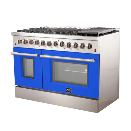 Forno Galiano 48-Inch Freestanding Dual Fuel Range, 8 Burners, Double Convection Ovens, Blue Doors FORNO