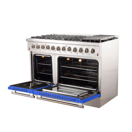 Forno Galiano 48-Inch Freestanding Dual Fuel Range, 8 Burners, Double Convection Ovens, Blue Doors FORNO
