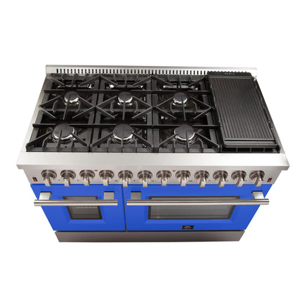 Forno Galiano 48-Inch Freestanding Dual Fuel Range, 8 Burners, Double Convection Ovens, Blue Doors FORNO