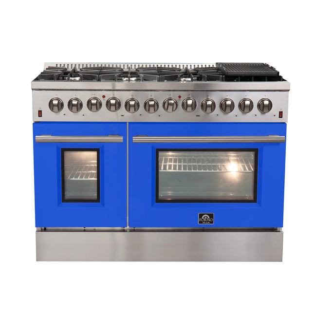 Forno Galiano 48-Inch Freestanding Dual Fuel Range, 8 Burners, Double Convection Ovens, Blue Doors FORNO