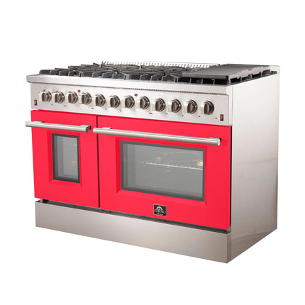 Forno Galiano 48-Inch Freestanding Dual Fuel Range, 8 Burners, Double Convection Ovens, Red Doors FORNO