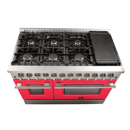 Forno Galiano 48-Inch Freestanding Dual Fuel Range, 8 Burners, Double Convection Ovens, Red Doors FORNO