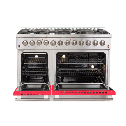 Forno Galiano 48-Inch Freestanding Dual Fuel Range, 8 Burners, Double Convection Ovens, Red Doors FORNO