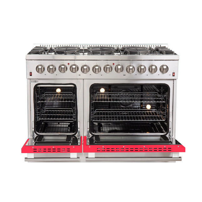 Forno Galiano 48-Inch Freestanding Dual Fuel Range, 8 Burners, Double Convection Ovens, Red Doors FORNO