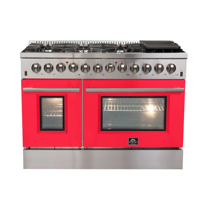 Forno Galiano 48-Inch Freestanding Dual Fuel Range, 8 Burners, Double Convection Ovens, Red Doors FORNO