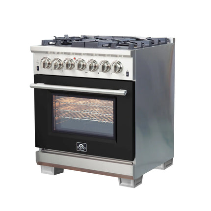 FORNO Capriasca 30-inch Dual Fuel Range Black, 5 Burners, 4.32 cu.ft. True Convection Oven FORNO