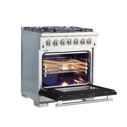 FORNO Capriasca 30-inch Dual Fuel Range Black, 5 Burners, 4.32 cu.ft. True Convection Oven FORNO