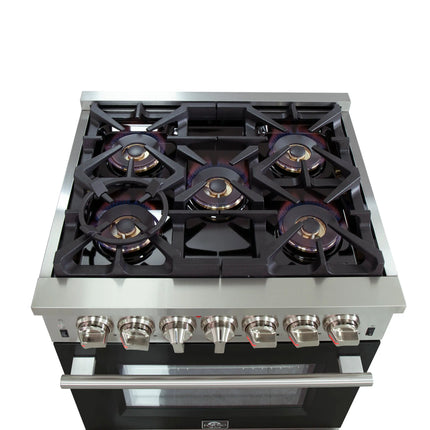 FORNO Capriasca 30-inch Dual Fuel Range Black, 5 Burners, 4.32 cu.ft. True Convection Oven FORNO