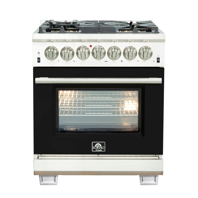 FORNO Capriasca 30-inch Dual Fuel Range Black, 5 Burners, 4.32 cu.ft. True Convection Oven FORNO