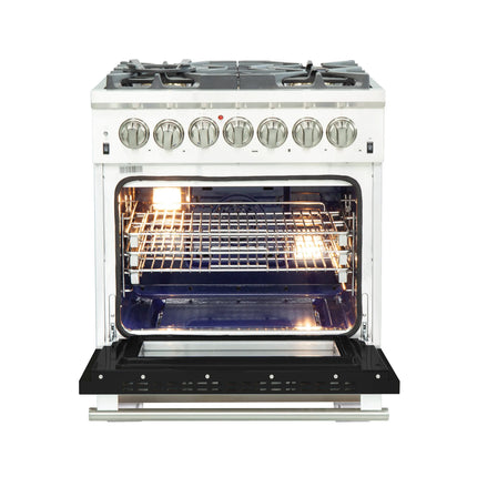 FORNO Capriasca 30-inch Dual Fuel Range Black, 5 Burners, 4.32 cu.ft. True Convection Oven FORNO