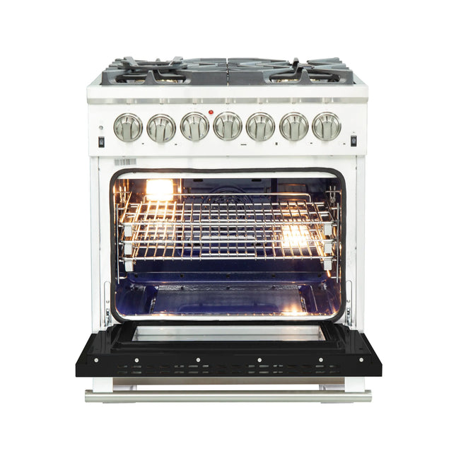 FORNO Capriasca 30-inch Dual Fuel Range Black, 5 Burners, 4.32 cu.ft. True Convection Oven FORNO