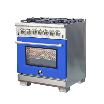 Forno Capriasca 30-Inch Freestanding Dual Fuel Range, 4 Burners, True Convection Oven, Blue Door FORNO