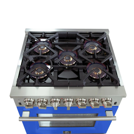 Forno Capriasca 30-Inch Freestanding Dual Fuel Range, 4 Burners, True Convection Oven, Blue Door FORNO