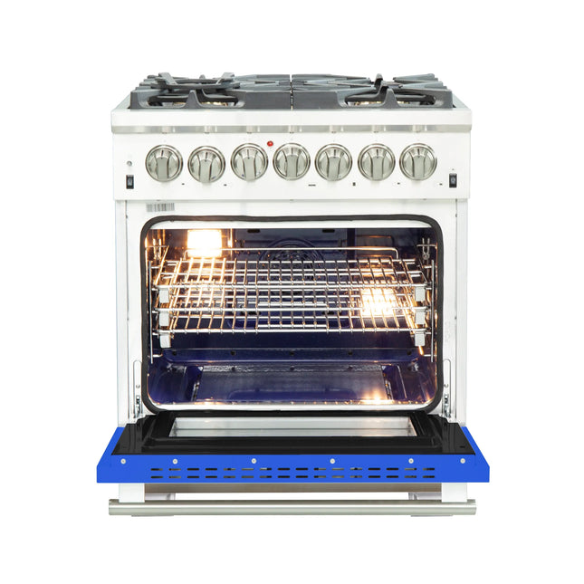 Forno Capriasca 30-Inch Freestanding Dual Fuel Range, 4 Burners, True Convection Oven, Blue Door FORNO