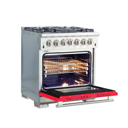 Forno Capriasca 30-Inch Freestanding Dual Fuel Range, 4 Burners, True Convection Oven, Red Door FORNO