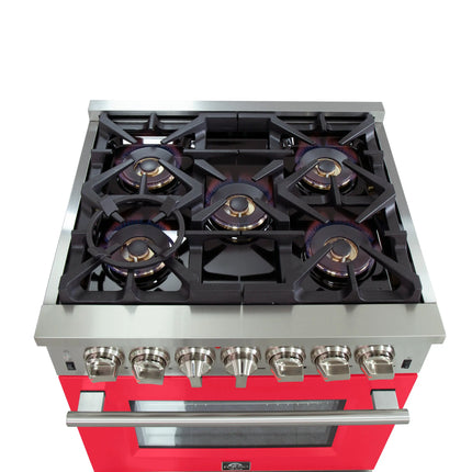Forno Capriasca 30-Inch Freestanding Dual Fuel Range, 4 Burners, True Convection Oven, Red Door FORNO