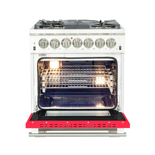 Forno Capriasca 30-Inch Freestanding Dual Fuel Range, 4 Burners, True Convection Oven, Red Door FORNO