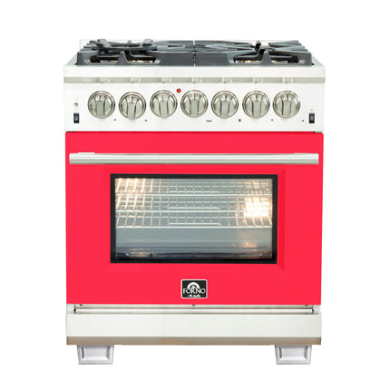 Forno Capriasca 30-Inch Freestanding Dual Fuel Range, 4 Burners, True Convection Oven, Red Door FORNO