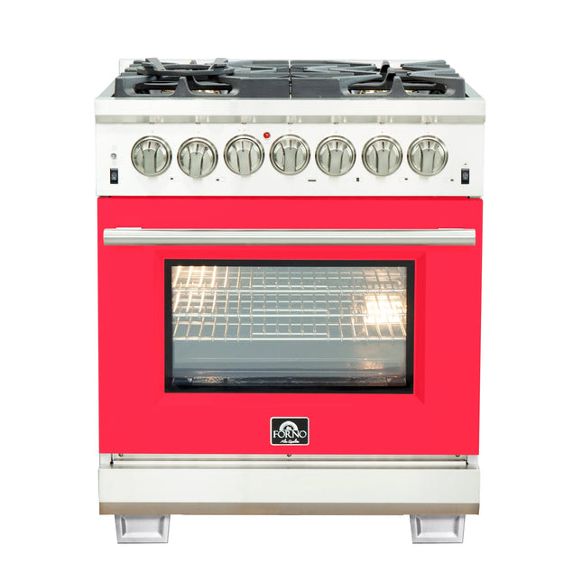 Forno Capriasca 30-Inch Freestanding Dual Fuel Range, 4 Burners, True Convection Oven, Red Door FORNO