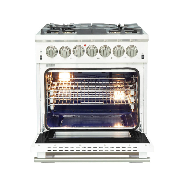 Forno Capriasca 30-Inch Freestanding Dual Fuel Range, 4 Burners, True Convection Oven, White Door FORNO