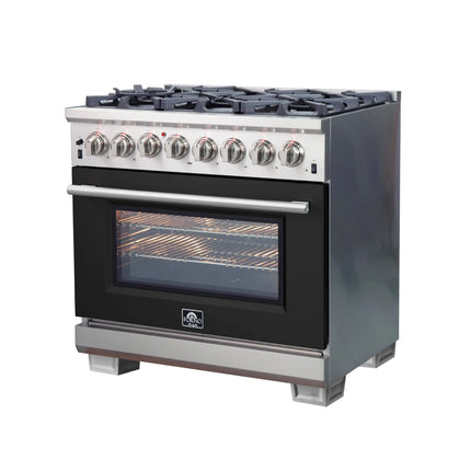 Forno Capriasca 36-Inch Freestanding Dual Fuel Range, 6 Burners, True Convection Oven, Black Door FORNO