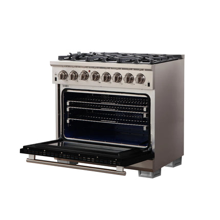 Forno Capriasca 36-Inch Freestanding Dual Fuel Range, 6 Burners, True Convection Oven, Black Door FORNO