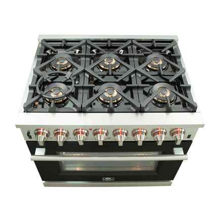 Forno Capriasca 36-Inch Freestanding Dual Fuel Range, 6 Burners, True Convection Oven, Black Door FORNO