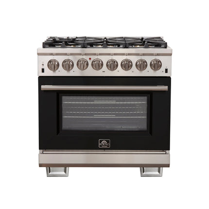 Forno Capriasca 36-Inch Freestanding Dual Fuel Range, 6 Burners, True Convection Oven, Black Door FORNO