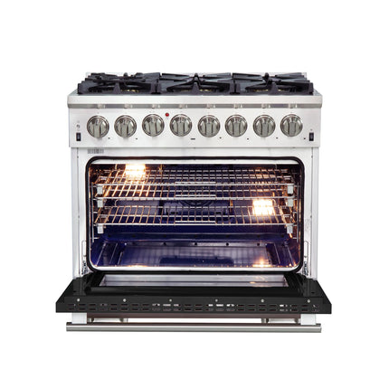 Forno Capriasca 36-Inch Freestanding Dual Fuel Range, 6 Burners, True Convection Oven, Black Door FORNO