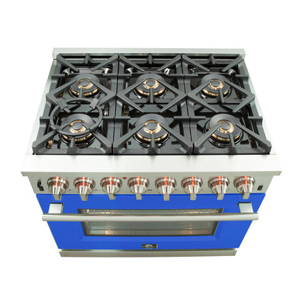 Forno Capriasca 36-Inch Freestanding Dual Fuel Range, 6 Burners, True Convection Oven, Blue Door FORNO