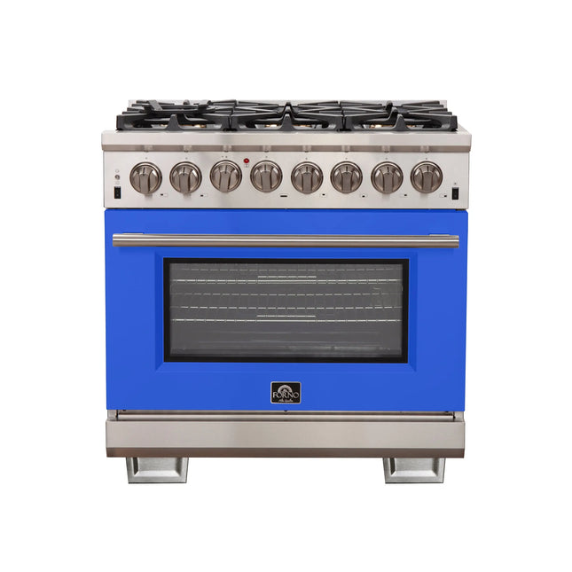 Forno Capriasca 36-Inch Freestanding Dual Fuel Range, 6 Burners, True Convection Oven, Blue Door FORNO