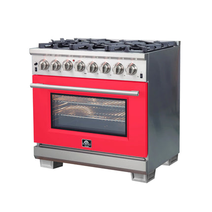 Forno Capriasca 36-Inch Freestanding Dual Fuel Range, 6 Burners, True Convection Oven, Red Door FORNO