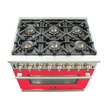 Forno Capriasca 36-Inch Freestanding Dual Fuel Range, 6 Burners, True Convection Oven, Red Door FORNO