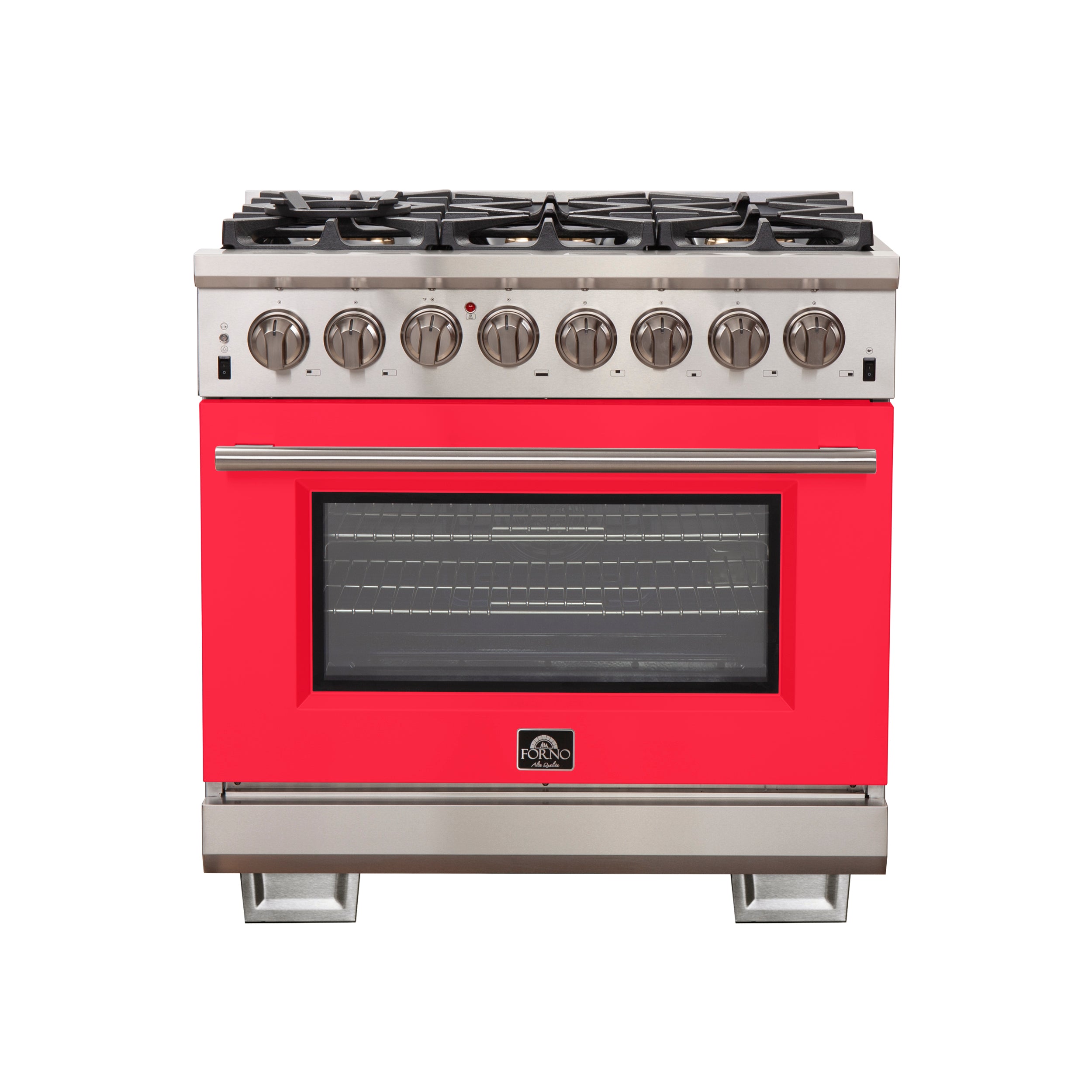 Forno Capriasca 36-Inch Freestanding Dual Fuel Range, 6 Burners, True Convection Oven, Red Door