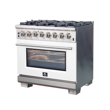 Forno Capriasca 36-Inch Freestanding Dual Fuel Range, 6 Burners, True Convection Oven, White Door FORNO