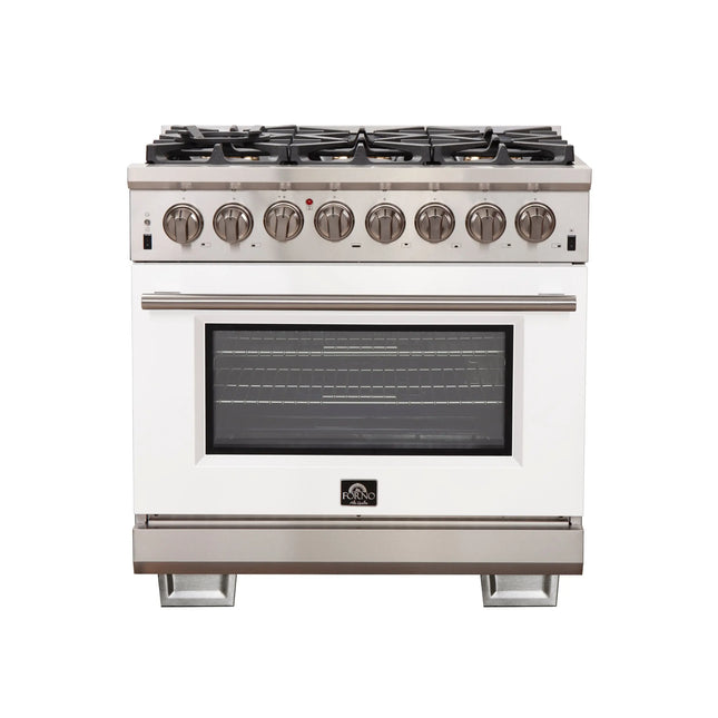 Forno Capriasca 36-Inch Freestanding Dual Fuel Range, 6 Burners, True Convection Oven, White Door FORNO