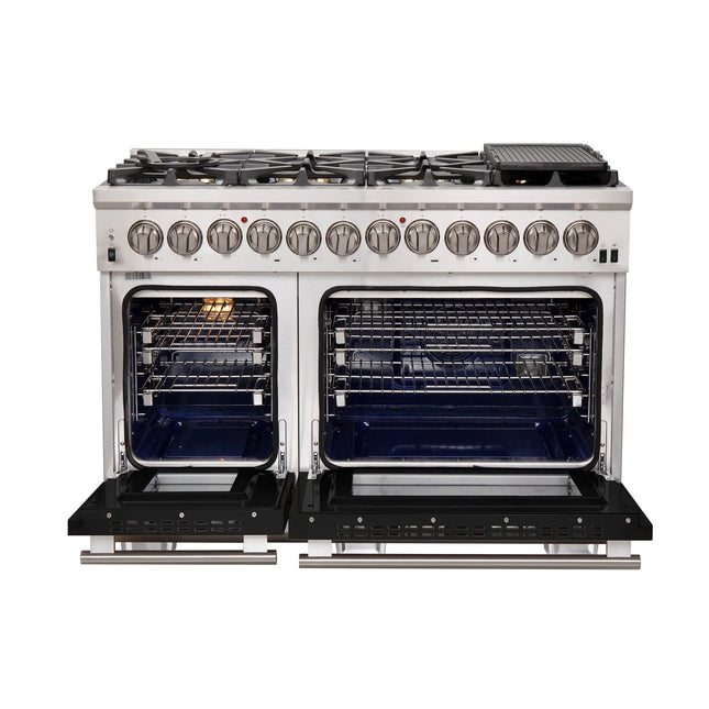 Forno Capriasca 48-Inch Freestanding Dual Fuel Range, 8 Burners, True Convection Oven, Black Doors FORNO