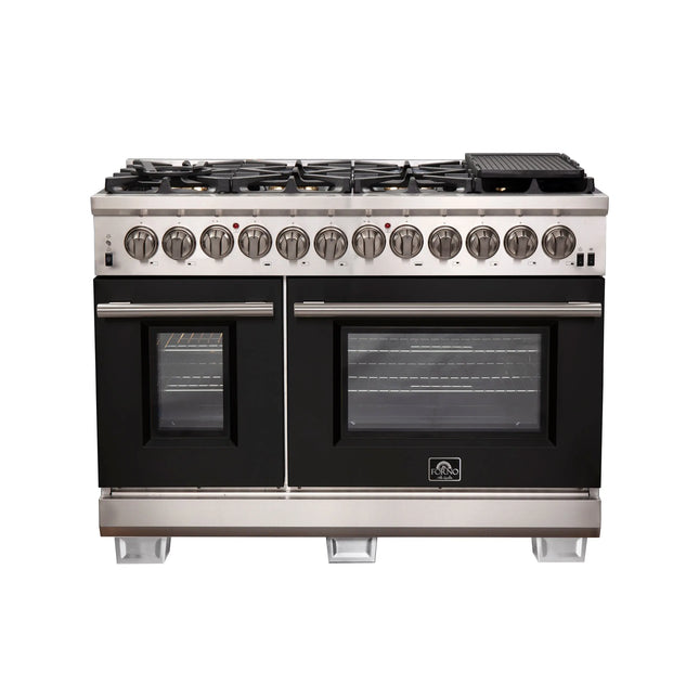 Forno Capriasca 48-Inch Freestanding Dual Fuel Range, 8 Burners, True Convection Oven, Black Doors FORNO